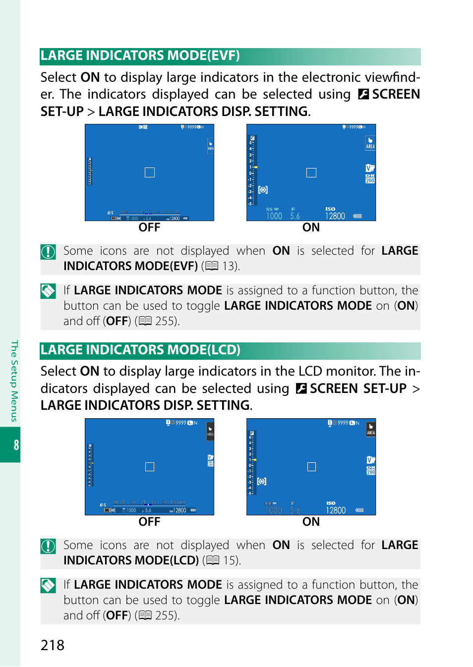 Large indicators mode(evf), Large indicators mode(lcd) | FujiFilm GFX 50S II Medium Format Mirrorless Camera with 35-70mm Lens Kit User Manual | Page 242 / 360