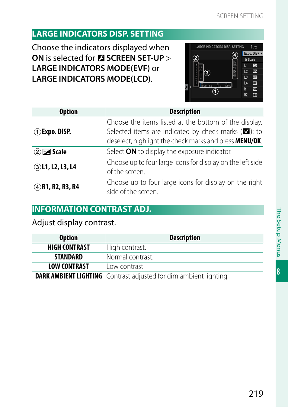 Large indicators disp. setting, Information contrast adj | FujiFilm GFX 50S II Medium Format Mirrorless Camera with 35-70mm Lens Kit User Manual | Page 243 / 360