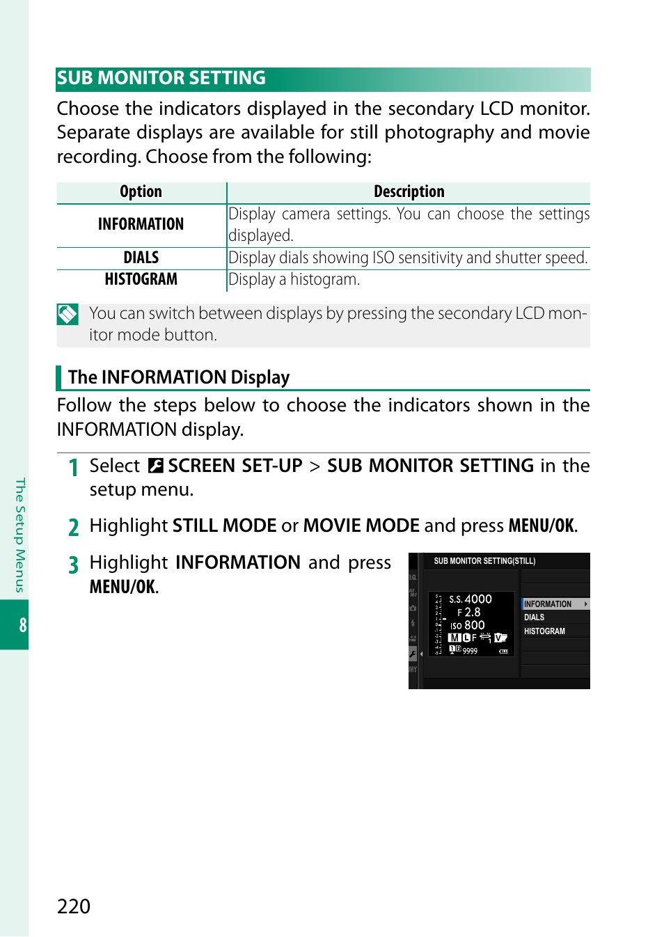 Sub monitor setting | FujiFilm GFX 50S II Medium Format Mirrorless Camera with 35-70mm Lens Kit User Manual | Page 244 / 360