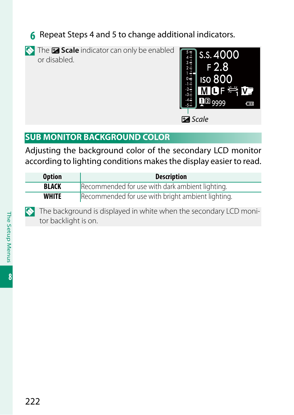 Sub monitor background color | FujiFilm GFX 50S II Medium Format Mirrorless Camera with 35-70mm Lens Kit User Manual | Page 246 / 360