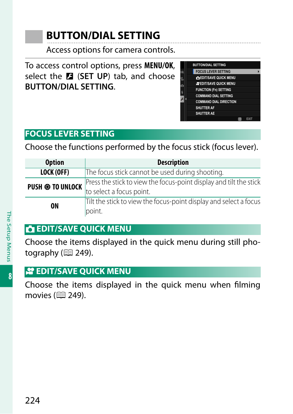 Button/dial setting, Focus lever setting, Edit/save quick menu | FujiFilm GFX 50S II Medium Format Mirrorless Camera with 35-70mm Lens Kit User Manual | Page 248 / 360