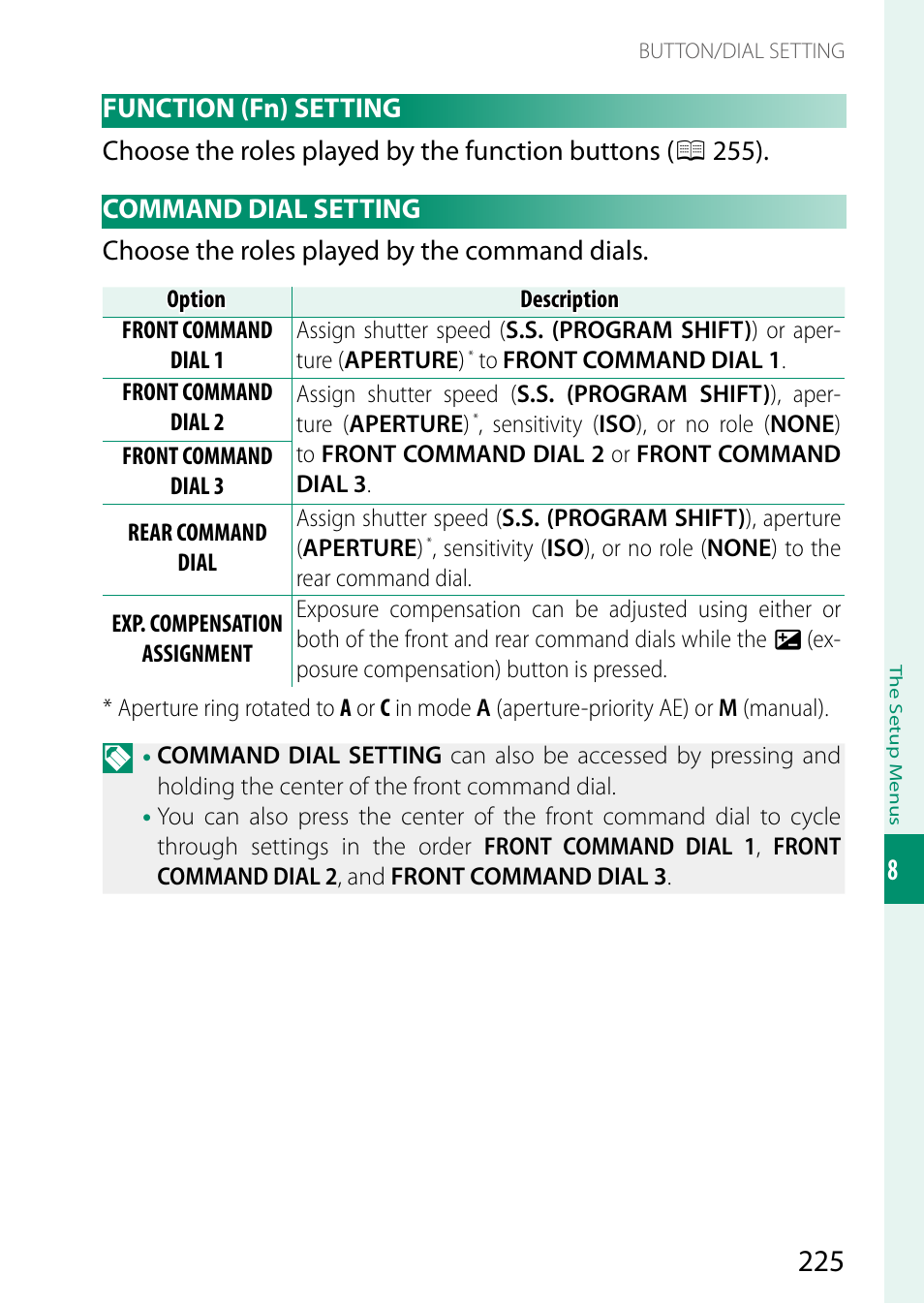 Function (fn) setting, Command dial setting, Function (fn) setting command dial setting | FujiFilm GFX 50S II Medium Format Mirrorless Camera with 35-70mm Lens Kit User Manual | Page 249 / 360