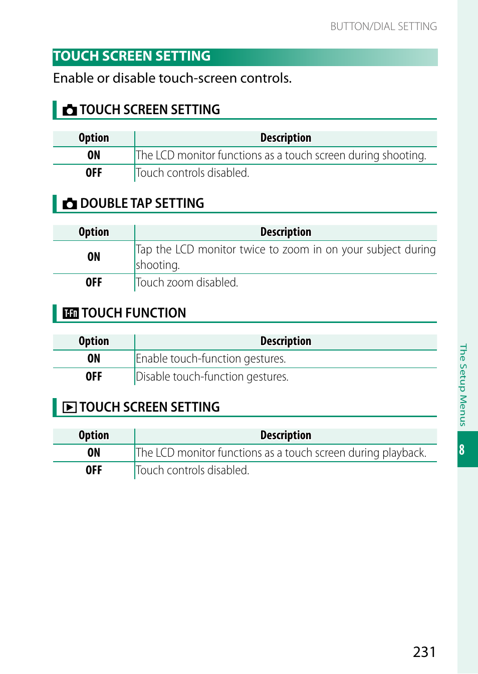 Touch screen setting | FujiFilm GFX 50S II Medium Format Mirrorless Camera with 35-70mm Lens Kit User Manual | Page 255 / 360