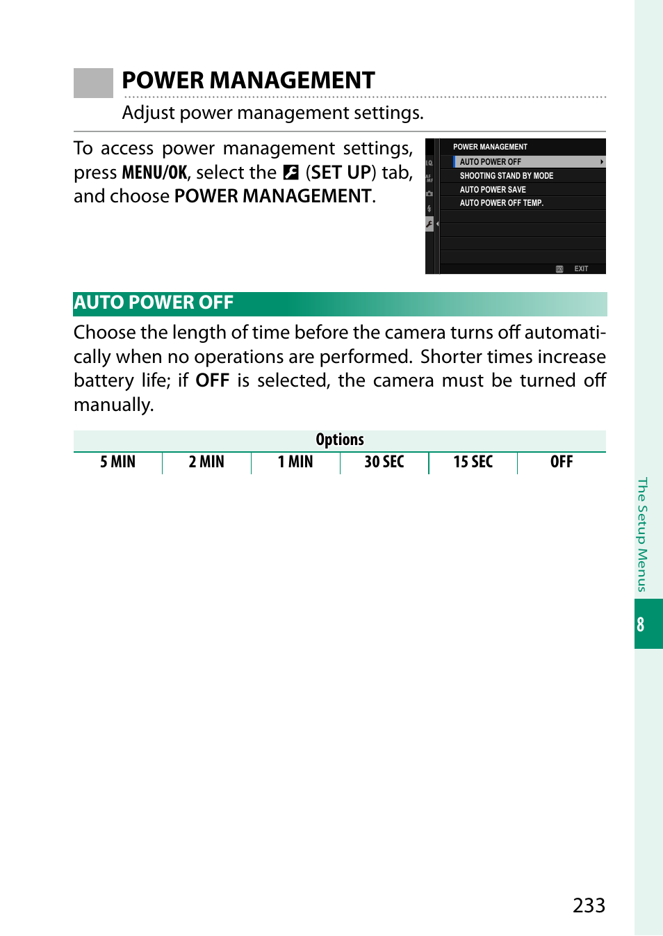 Power management, Auto power off | FujiFilm GFX 50S II Medium Format Mirrorless Camera with 35-70mm Lens Kit User Manual | Page 257 / 360