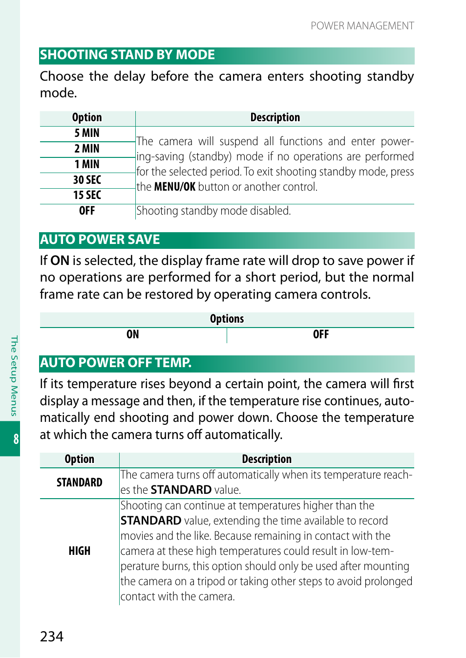 Shooting stand by mode, Auto power save, Auto power off temp | FujiFilm GFX 50S II Medium Format Mirrorless Camera with 35-70mm Lens Kit User Manual | Page 258 / 360