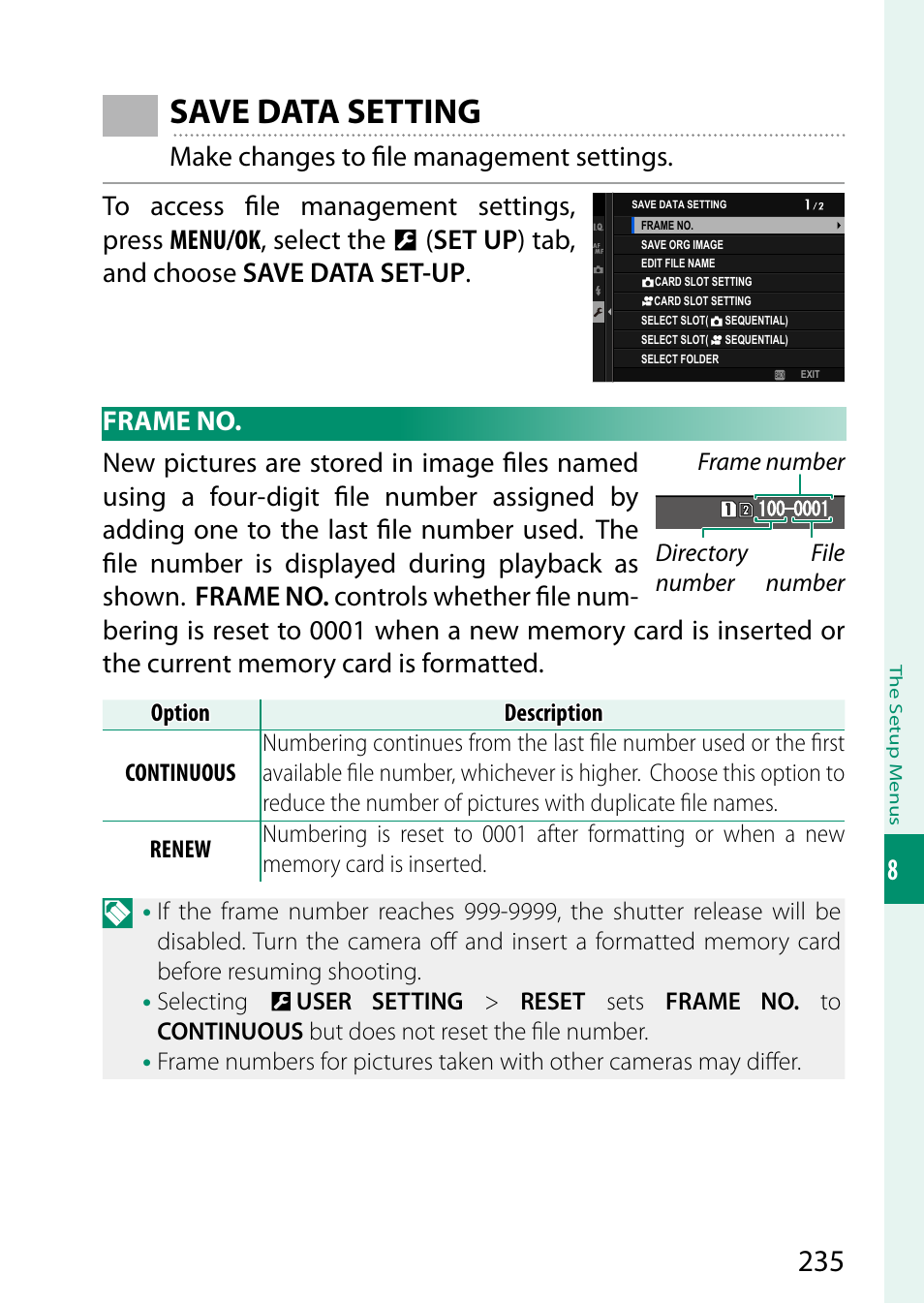 Save data setting, Frame no | FujiFilm GFX 50S II Medium Format Mirrorless Camera with 35-70mm Lens Kit User Manual | Page 259 / 360