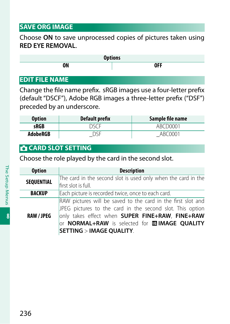 Save org image, Edit file name, Card slot setting | FujiFilm GFX 50S II Medium Format Mirrorless Camera with 35-70mm Lens Kit User Manual | Page 260 / 360