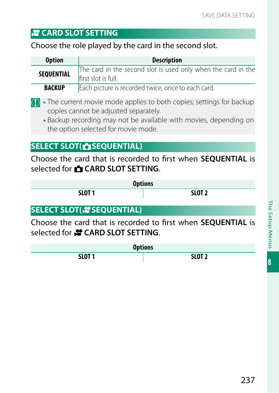 Card slot setting, Select slot(sequential), Select slot | Sequential) | FujiFilm GFX 50S II Medium Format Mirrorless Camera with 35-70mm Lens Kit User Manual | Page 261 / 360