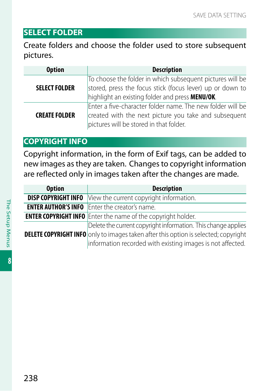 Select folder, Copyright info, Select folder copyright info | FujiFilm GFX 50S II Medium Format Mirrorless Camera with 35-70mm Lens Kit User Manual | Page 262 / 360
