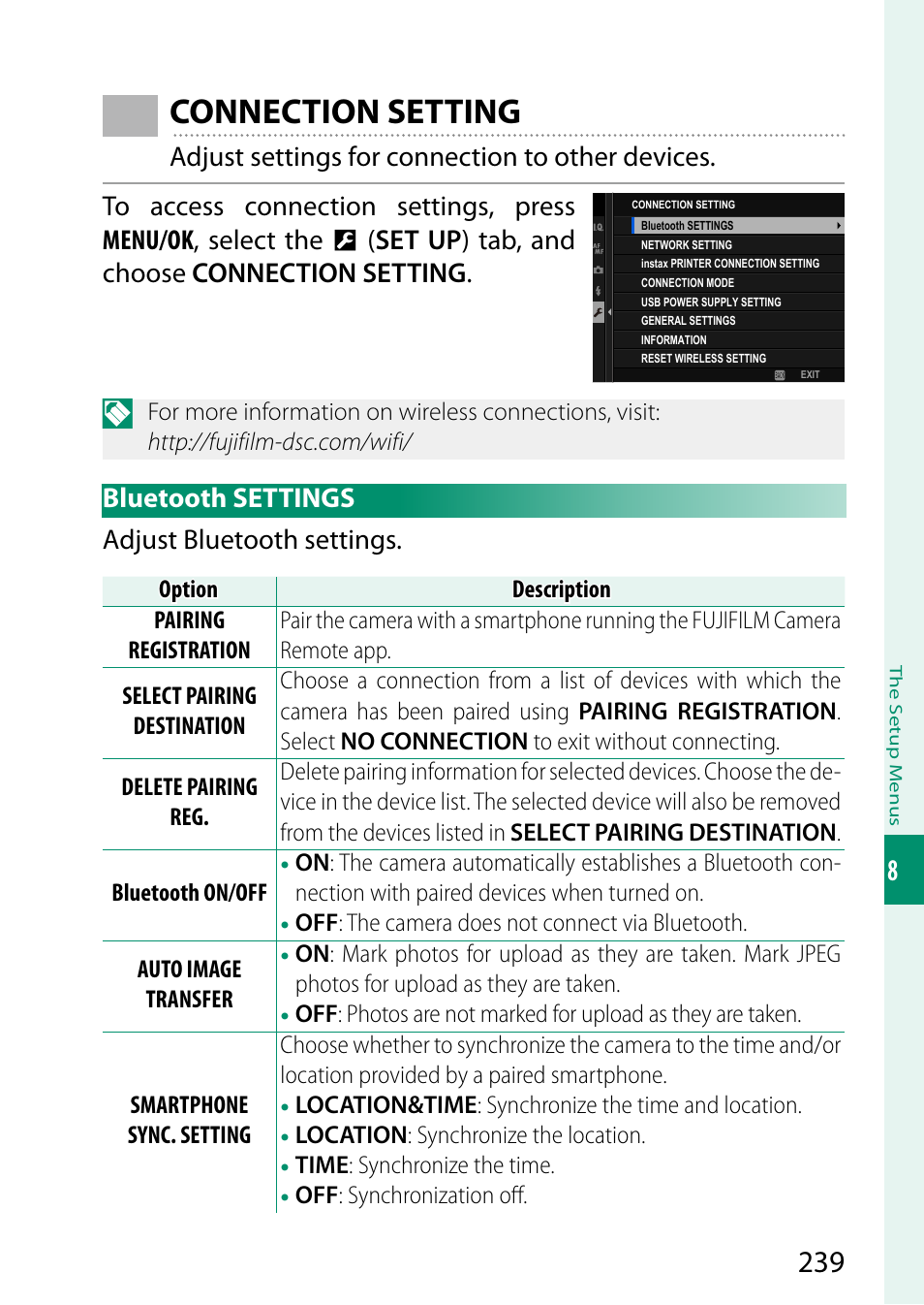 Connection setting, Bluetooth settings | FujiFilm GFX 50S II Medium Format Mirrorless Camera with 35-70mm Lens Kit User Manual | Page 263 / 360