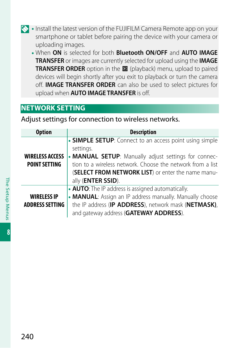 Network setting | FujiFilm GFX 50S II Medium Format Mirrorless Camera with 35-70mm Lens Kit User Manual | Page 264 / 360