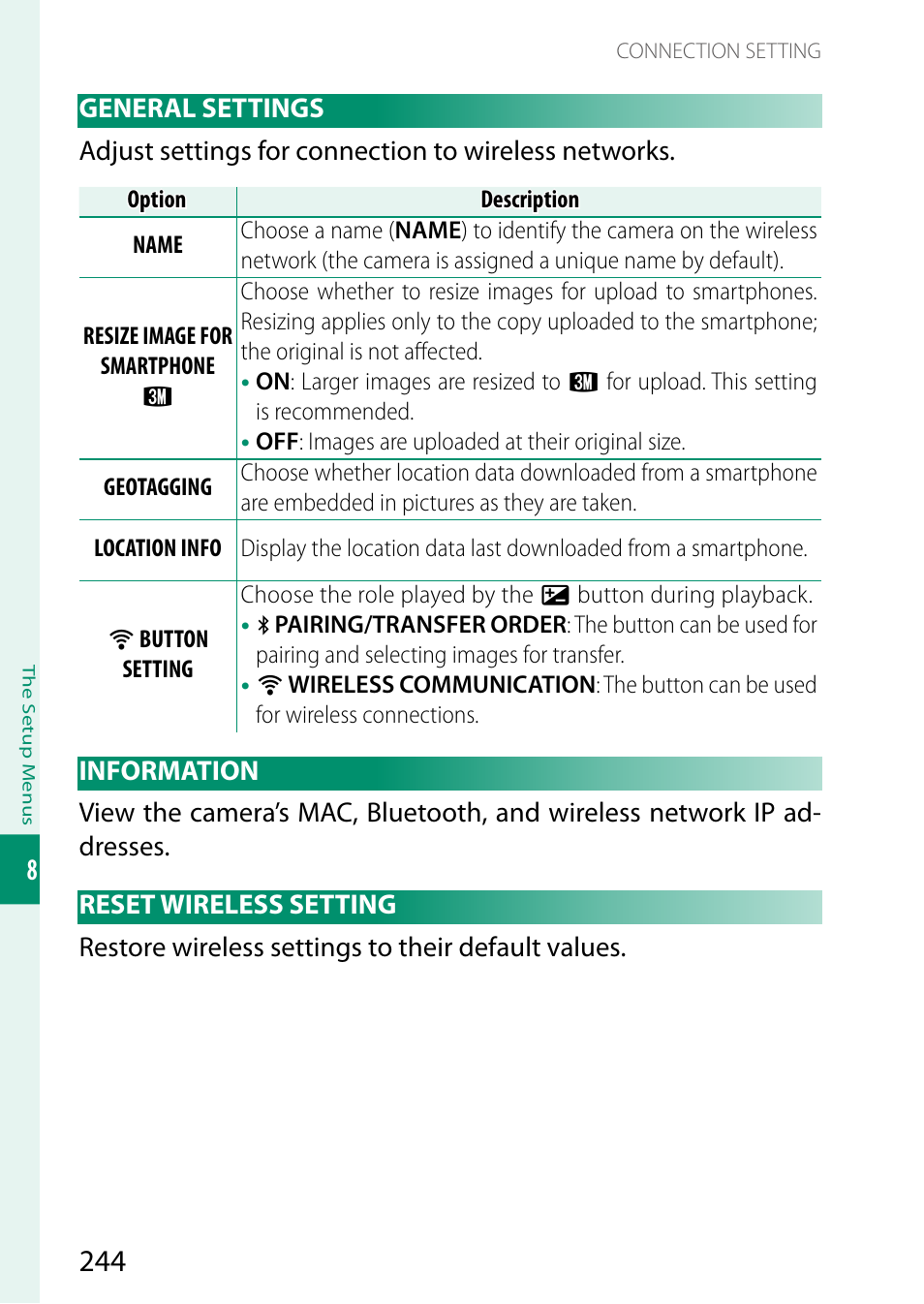 General settings, Information, Reset wireless setting | FujiFilm GFX 50S II Medium Format Mirrorless Camera with 35-70mm Lens Kit User Manual | Page 268 / 360