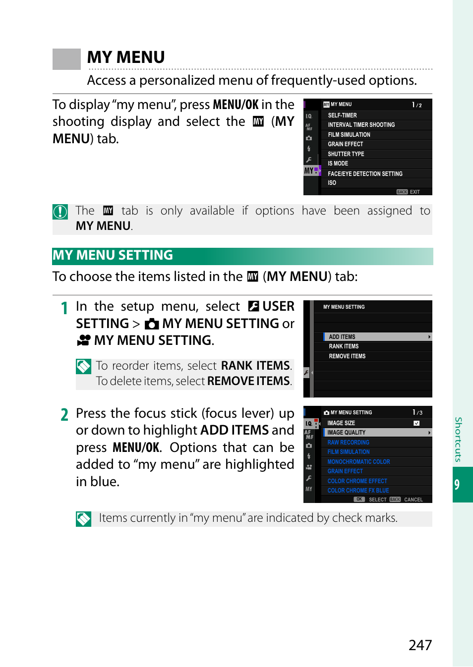 My menu, My menu setting | FujiFilm GFX 50S II Medium Format Mirrorless Camera with 35-70mm Lens Kit User Manual | Page 271 / 360