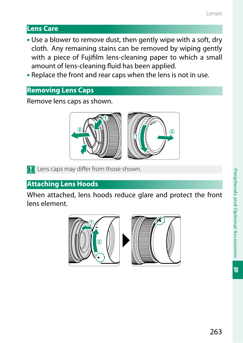 Lens care, Removing lens caps, Attaching lens hoods | Lens care removing lens caps attaching lens hoods | FujiFilm GFX 50S II Medium Format Mirrorless Camera with 35-70mm Lens Kit User Manual | Page 287 / 360