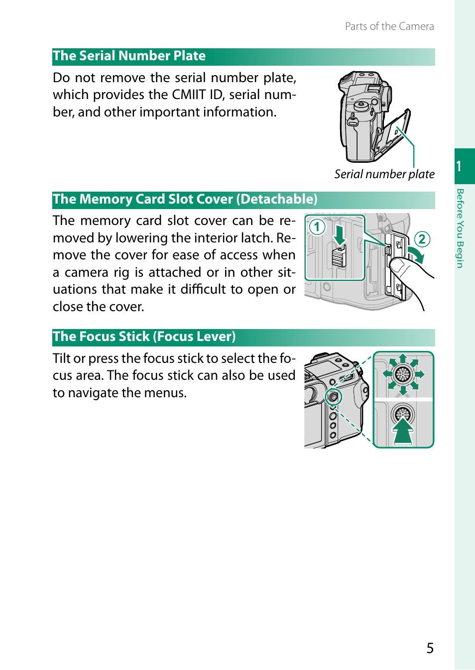 The serial number plate, The memory card slot cover (detachable), The focus stick (focus lever) | FujiFilm GFX 50S II Medium Format Mirrorless Camera with 35-70mm Lens Kit User Manual | Page 29 / 360