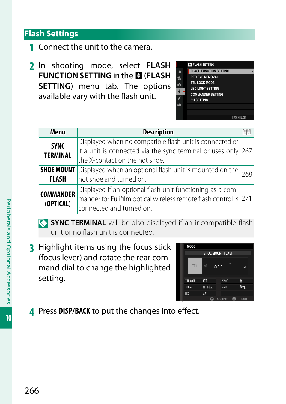 Flash settings, Connect the unit to the camera, Press disp/back to put the changes into eff ect | FujiFilm GFX 50S II Medium Format Mirrorless Camera with 35-70mm Lens Kit User Manual | Page 290 / 360
