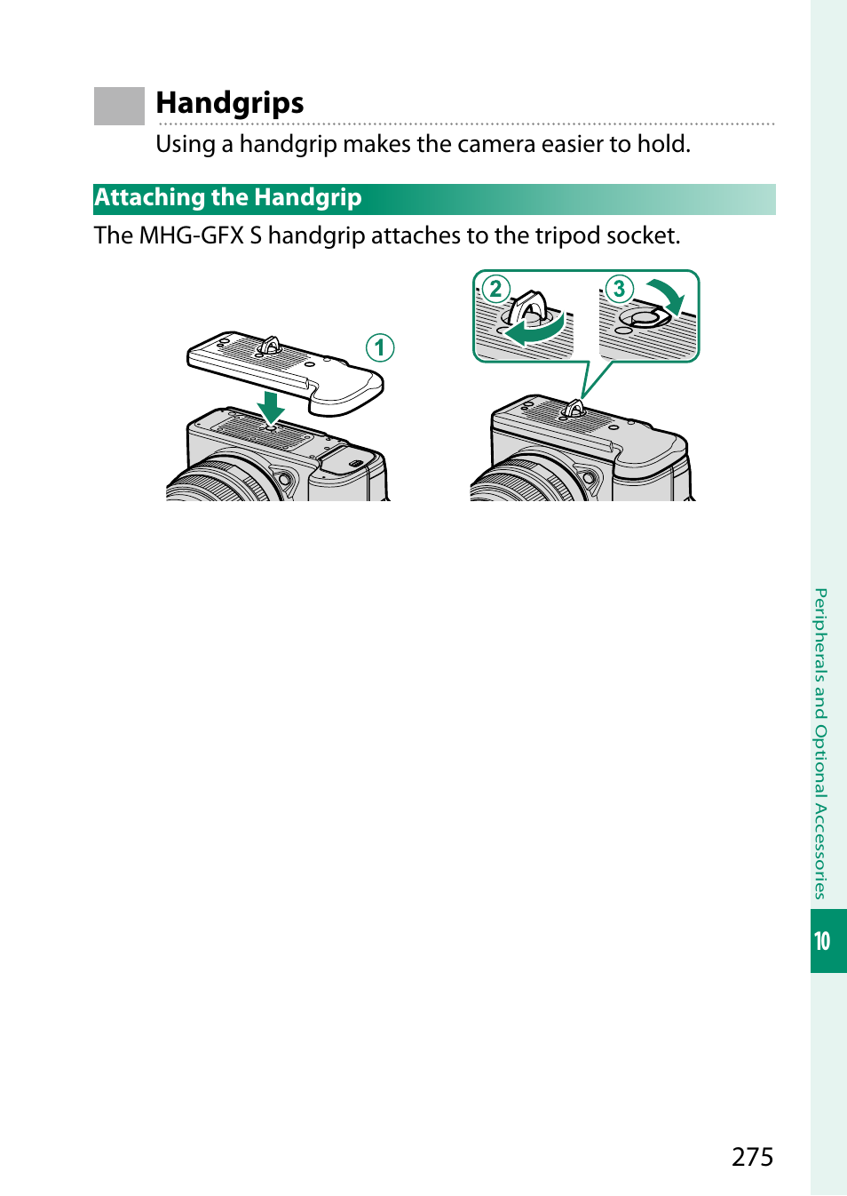 Handgrips, Attaching the handgrip | FujiFilm GFX 50S II Medium Format Mirrorless Camera with 35-70mm Lens Kit User Manual | Page 299 / 360