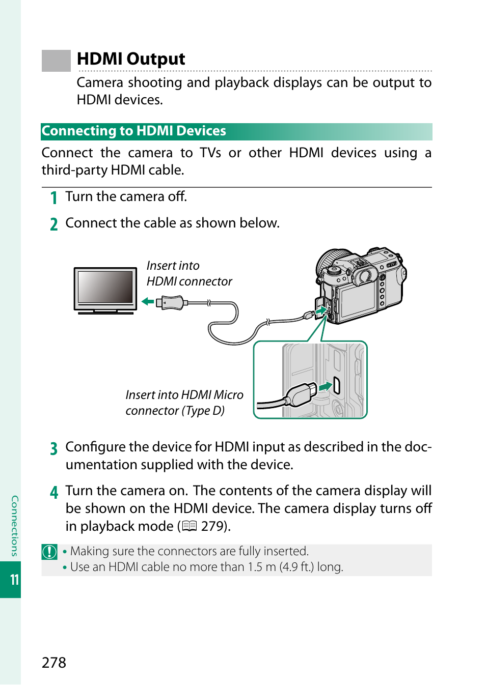 Hdmi output, Connecting to hdmi devices | FujiFilm GFX 50S II Medium Format Mirrorless Camera with 35-70mm Lens Kit User Manual | Page 302 / 360