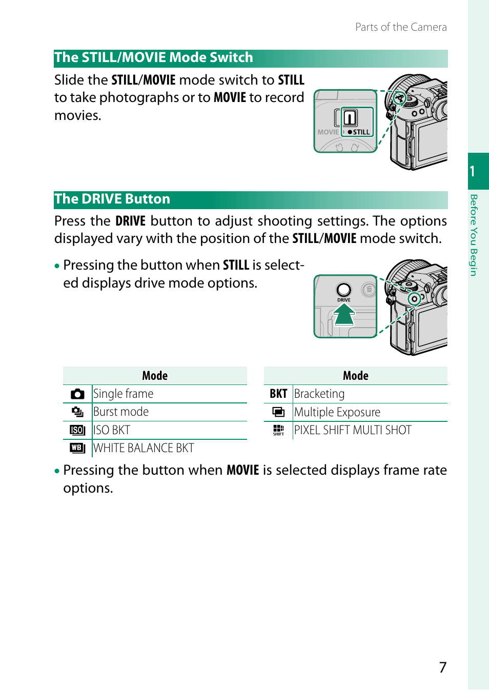 The still/movie mode switch, The drive button, The still/movie mode switch the drive button | FujiFilm GFX 50S II Medium Format Mirrorless Camera with 35-70mm Lens Kit User Manual | Page 31 / 360