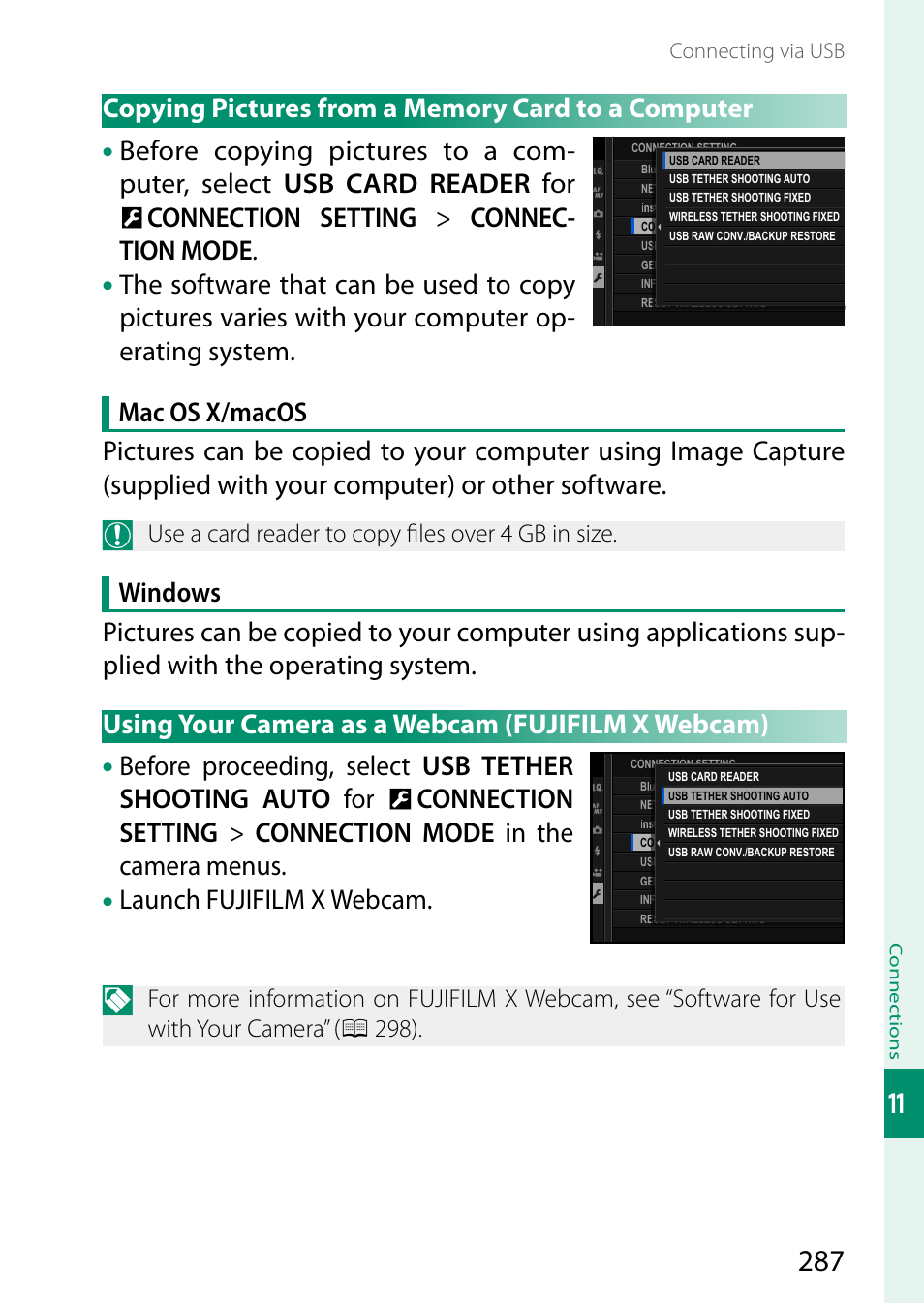Copying pictures from a memory card to a computer, Using your camera as a webcam (fujifilm x webcam), Launch fujifilm x webcam | FujiFilm GFX 50S II Medium Format Mirrorless Camera with 35-70mm Lens Kit User Manual | Page 311 / 360