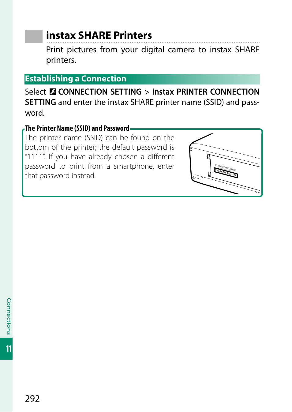 Instax share printers, Establishing a connection | FujiFilm GFX 50S II Medium Format Mirrorless Camera with 35-70mm Lens Kit User Manual | Page 316 / 360