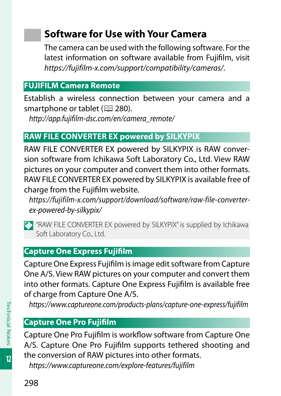 Software for use with your camera, Fujifilm camera remote, Raw file converter ex powered by silkypix | Capture one express fujifilm, Capture one pro fujifilm | FujiFilm GFX 50S II Medium Format Mirrorless Camera with 35-70mm Lens Kit User Manual | Page 322 / 360