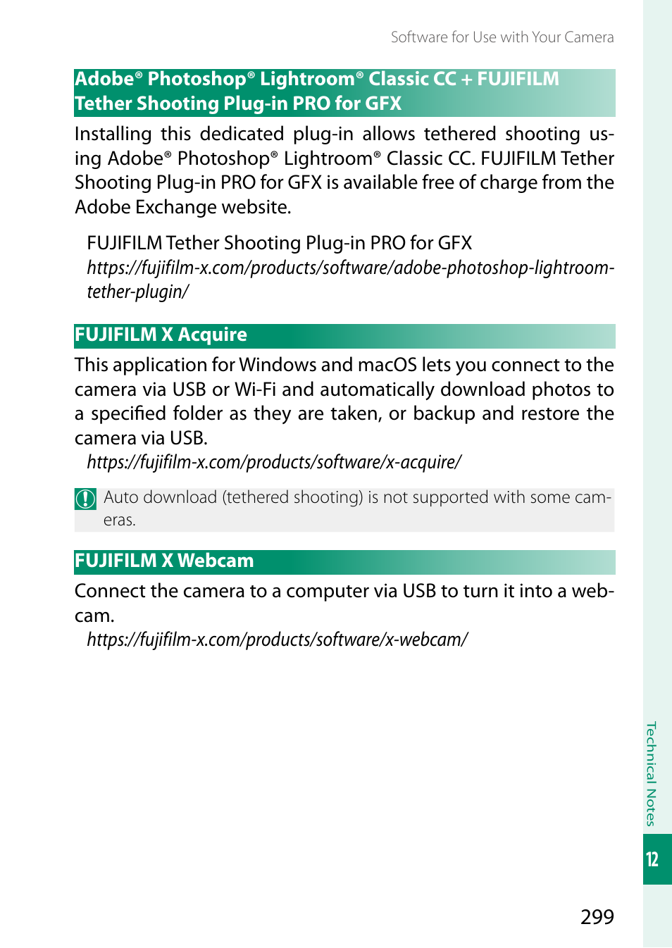 Fujifilm x acquire, Fujifilm x webcam, Adobe® photoshop® lightroom® classic cc | Fujifilm tether shooting plug-in pro for gfx, Fujifilm x acquire fujifilm x webcam | FujiFilm GFX 50S II Medium Format Mirrorless Camera with 35-70mm Lens Kit User Manual | Page 323 / 360