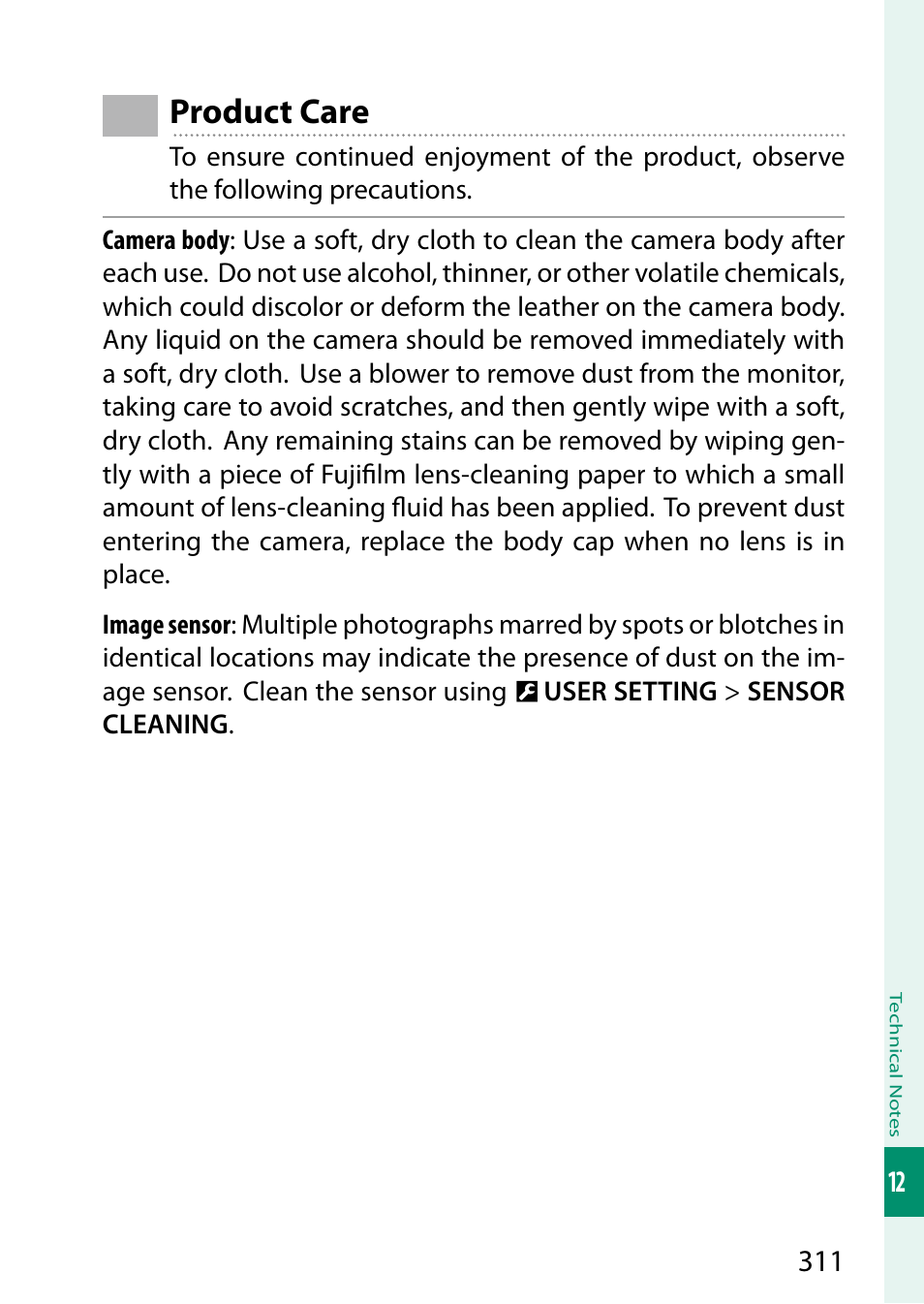 Product care | FujiFilm GFX 50S II Medium Format Mirrorless Camera with 35-70mm Lens Kit User Manual | Page 335 / 360