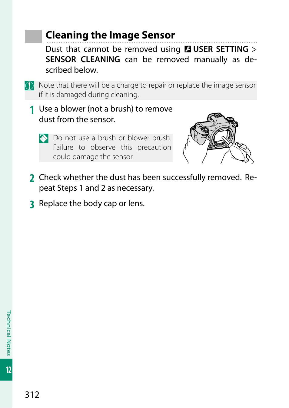 Cleaning the image sensor | FujiFilm GFX 50S II Medium Format Mirrorless Camera with 35-70mm Lens Kit User Manual | Page 336 / 360