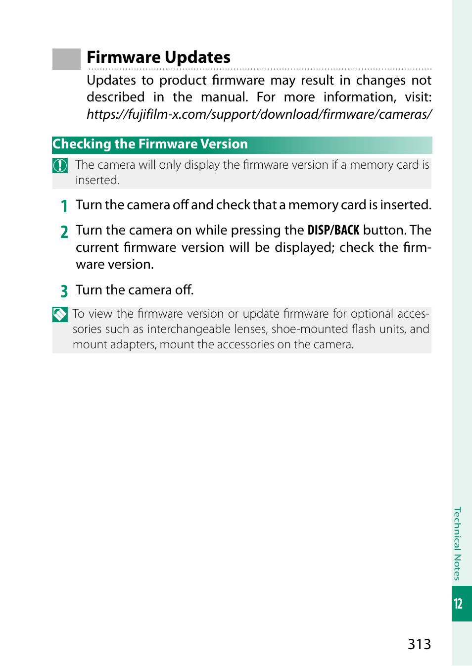 Firmware updates, Checking the firmware version | FujiFilm GFX 50S II Medium Format Mirrorless Camera with 35-70mm Lens Kit User Manual | Page 337 / 360