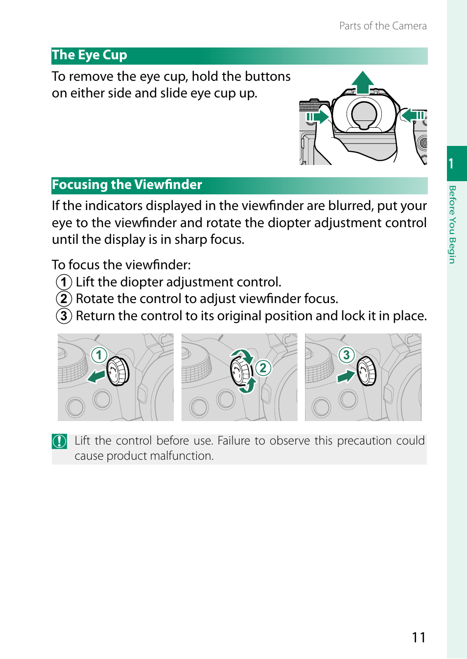 The eye cup, Focusing the viewfinder, The eye cup focusing the viewfi nder | FujiFilm GFX 50S II Medium Format Mirrorless Camera with 35-70mm Lens Kit User Manual | Page 35 / 360