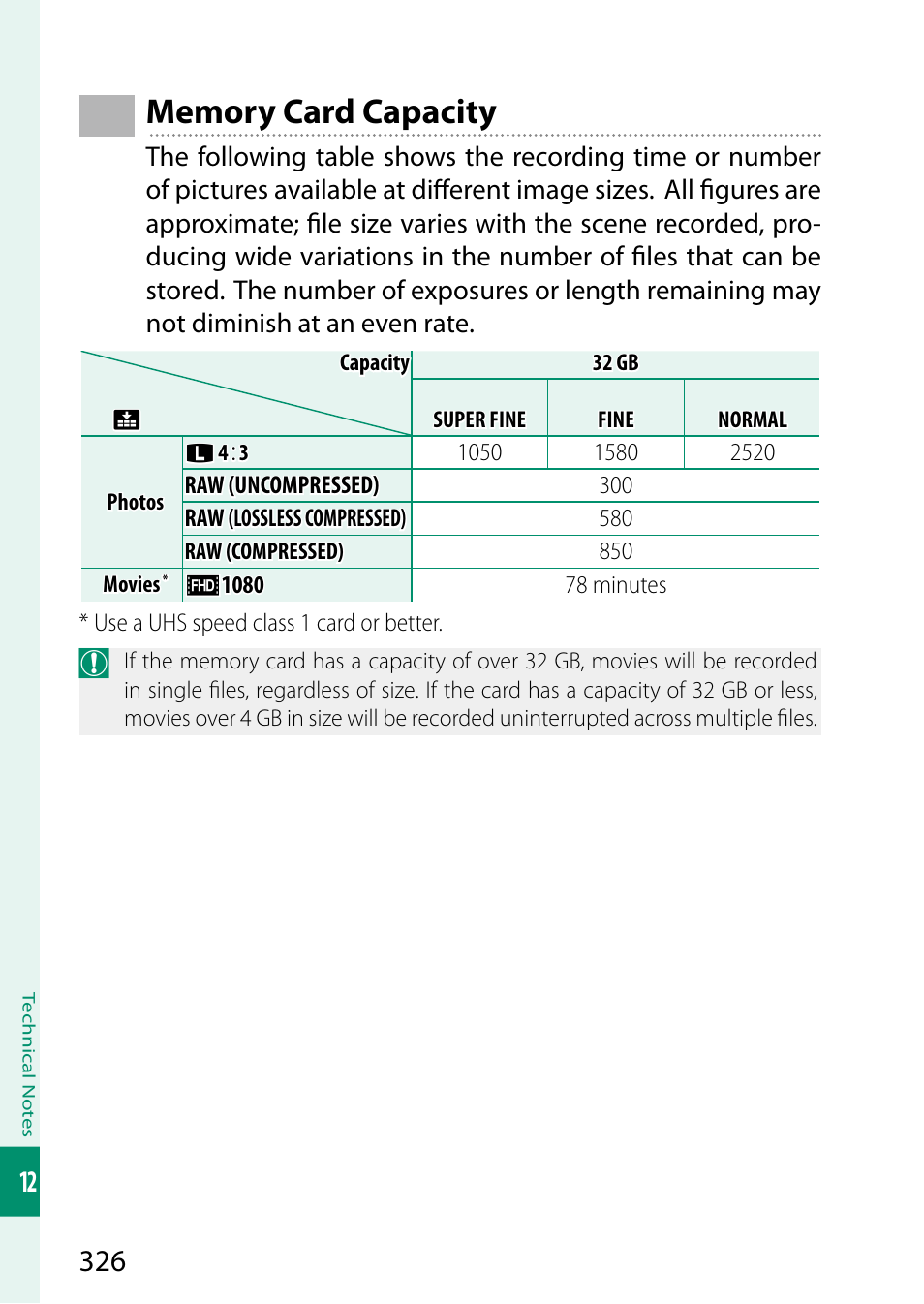 Memory card capacity | FujiFilm GFX 50S II Medium Format Mirrorless Camera with 35-70mm Lens Kit User Manual | Page 350 / 360