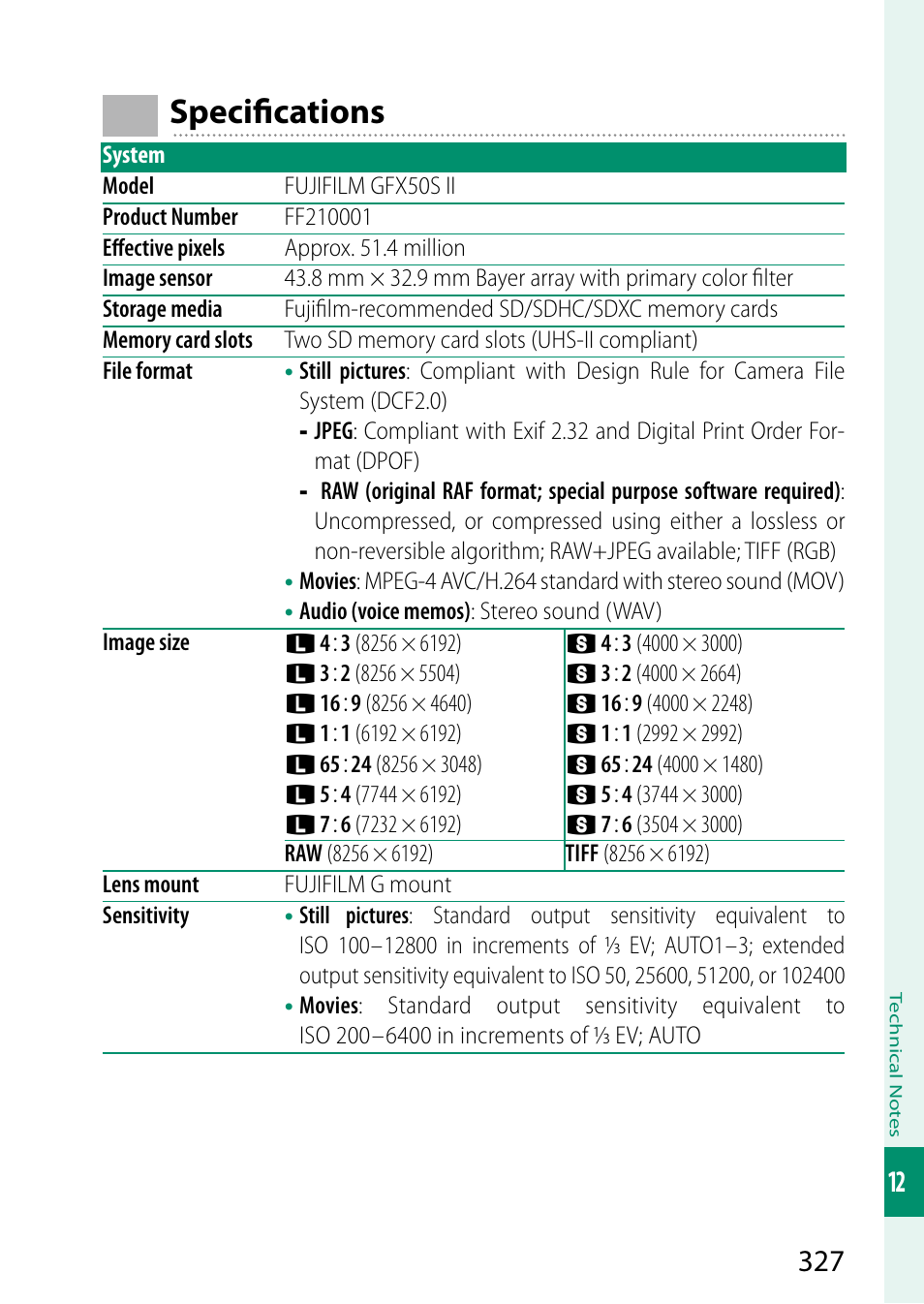 Specifications, Specifi cations | FujiFilm GFX 50S II Medium Format Mirrorless Camera with 35-70mm Lens Kit User Manual | Page 351 / 360