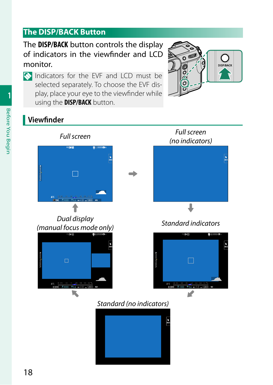 The disp/back button | FujiFilm GFX 50S II Medium Format Mirrorless Camera with 35-70mm Lens Kit User Manual | Page 42 / 360