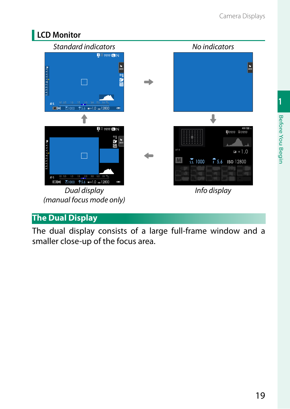 The dual display, Lcd monitor | FujiFilm GFX 50S II Medium Format Mirrorless Camera with 35-70mm Lens Kit User Manual | Page 43 / 360