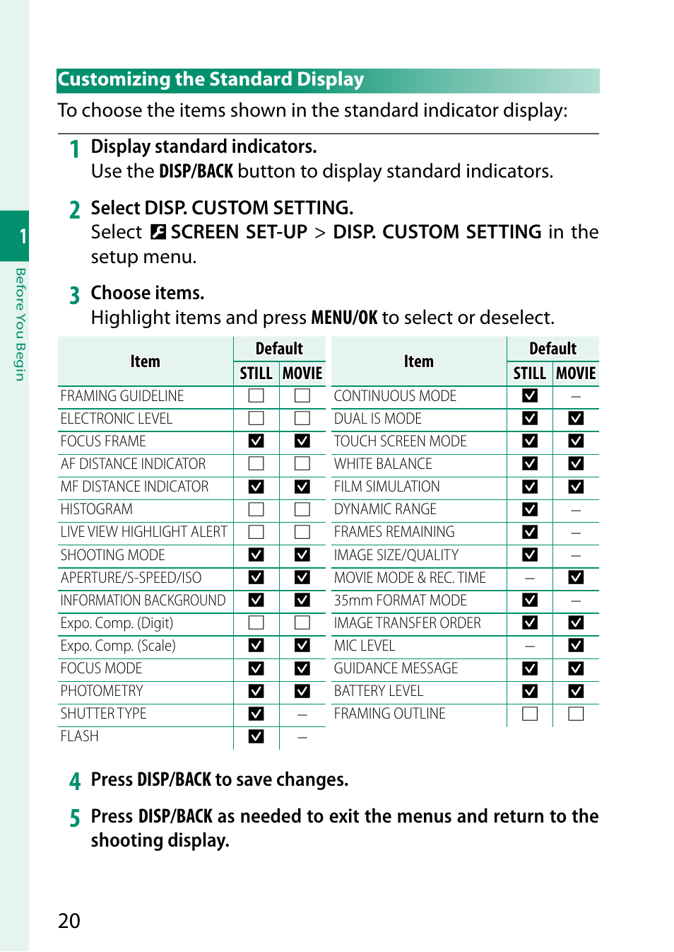 Customizing the standard display | FujiFilm GFX 50S II Medium Format Mirrorless Camera with 35-70mm Lens Kit User Manual | Page 44 / 360