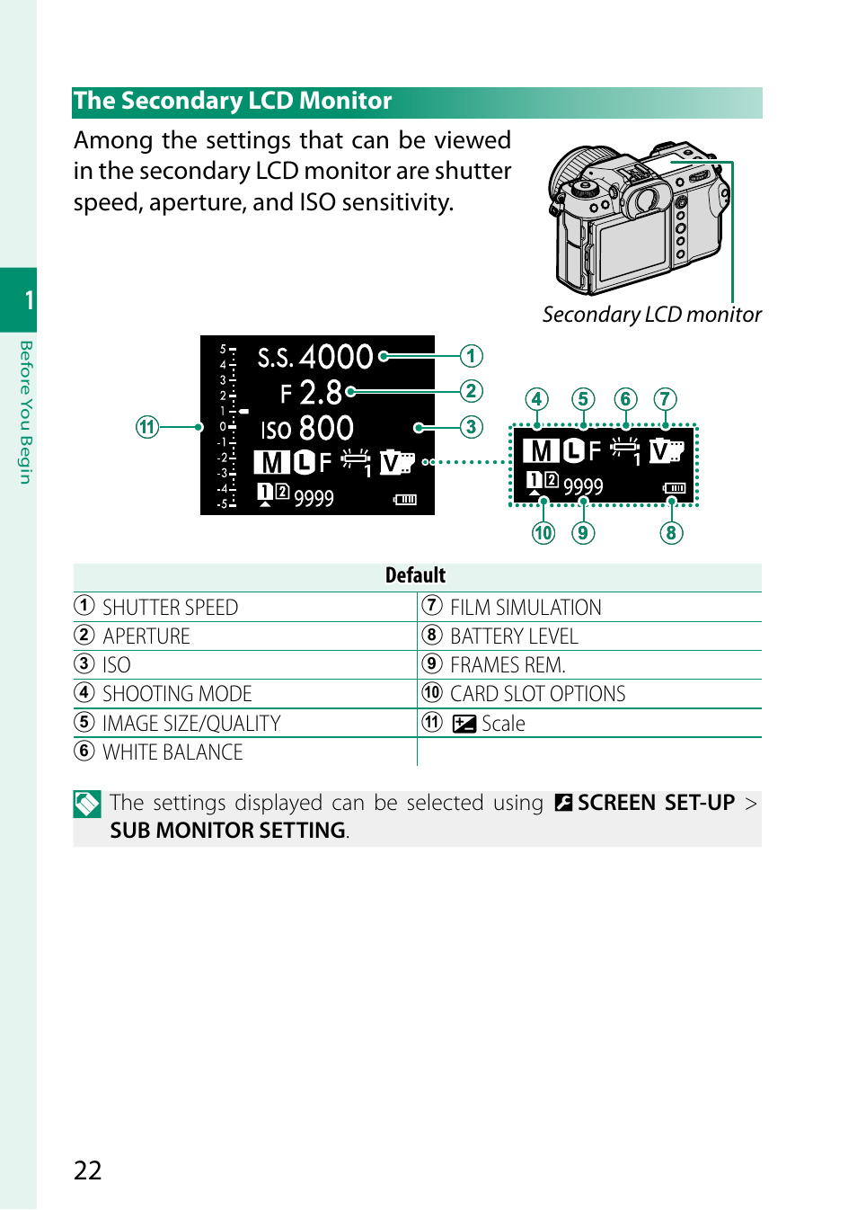 The secondary lcd monitor | FujiFilm GFX 50S II Medium Format Mirrorless Camera with 35-70mm Lens Kit User Manual | Page 46 / 360