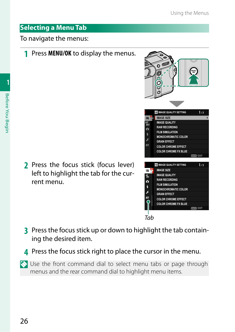 Selecting a menu tab, Selecting a menu tab to navigate the menus, Press menu/ok to display the menus | FujiFilm GFX 50S II Medium Format Mirrorless Camera with 35-70mm Lens Kit User Manual | Page 50 / 360