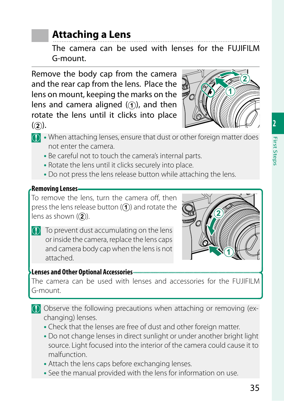 Attaching a lens | FujiFilm GFX 50S II Medium Format Mirrorless Camera with 35-70mm Lens Kit User Manual | Page 59 / 360