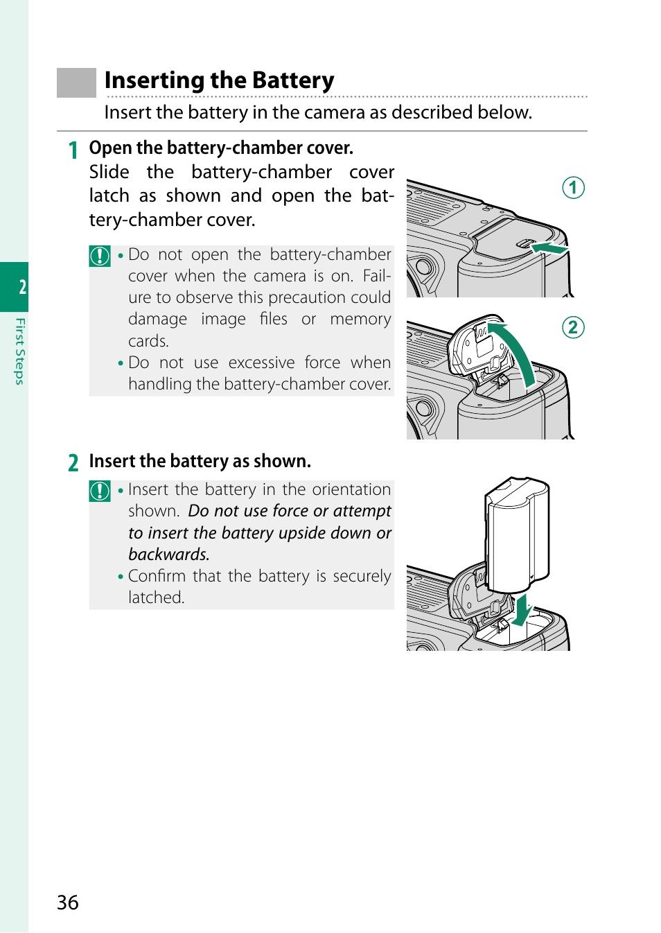 Inserting the battery | FujiFilm GFX 50S II Medium Format Mirrorless Camera with 35-70mm Lens Kit User Manual | Page 60 / 360