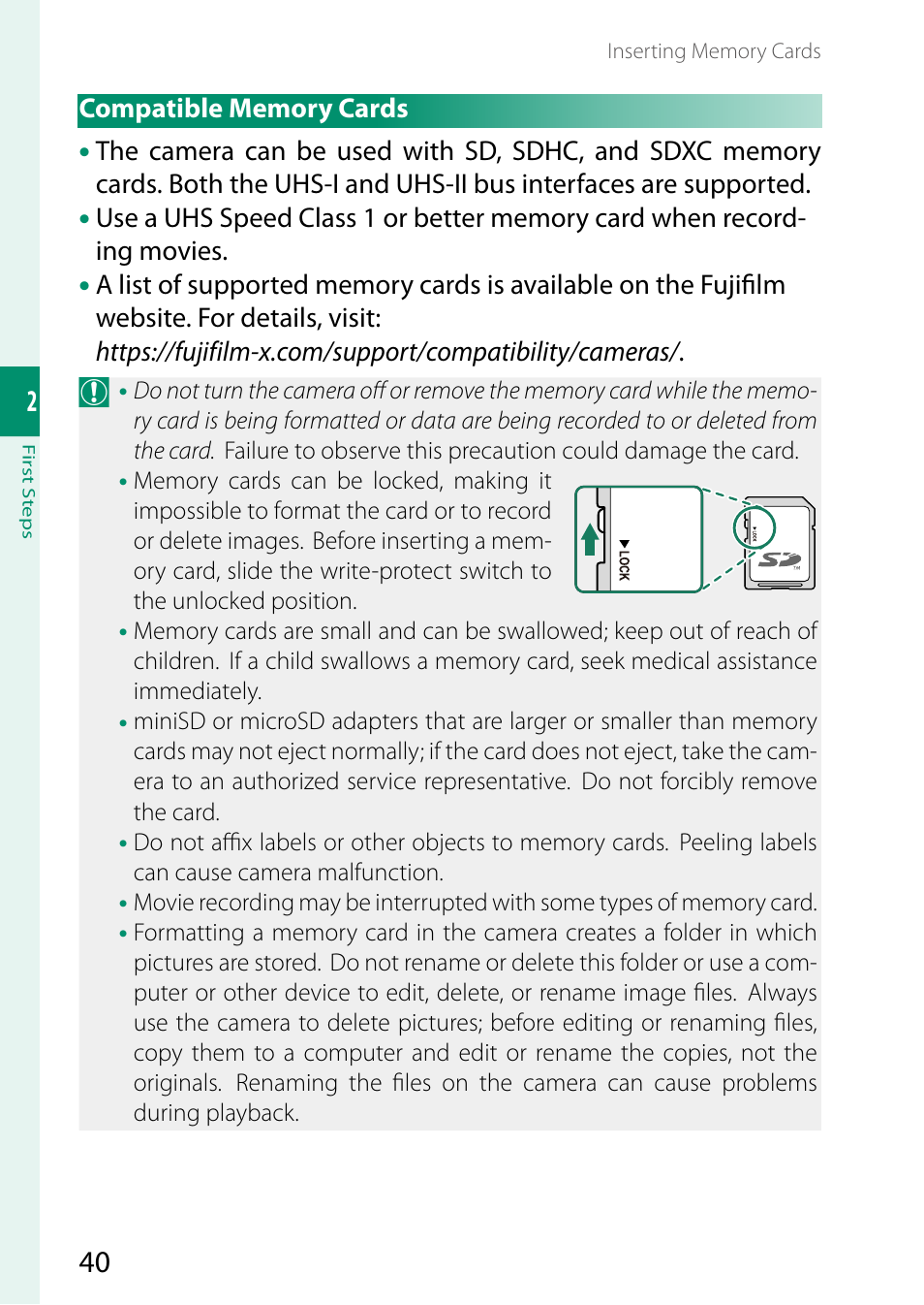 Compatible memory cards | FujiFilm GFX 50S II Medium Format Mirrorless Camera with 35-70mm Lens Kit User Manual | Page 64 / 360