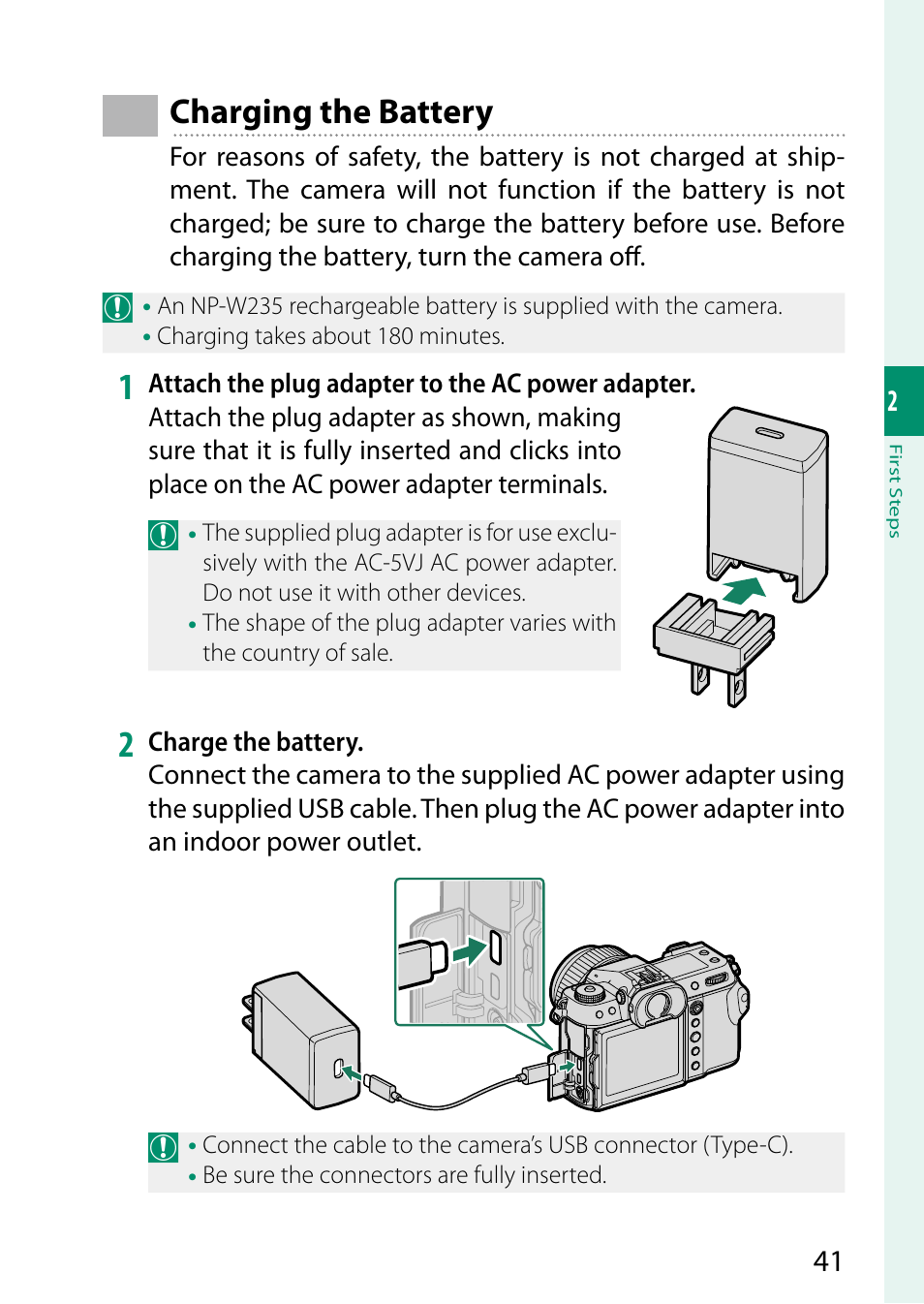 Charging the battery | FujiFilm GFX 50S II Medium Format Mirrorless Camera with 35-70mm Lens Kit User Manual | Page 65 / 360