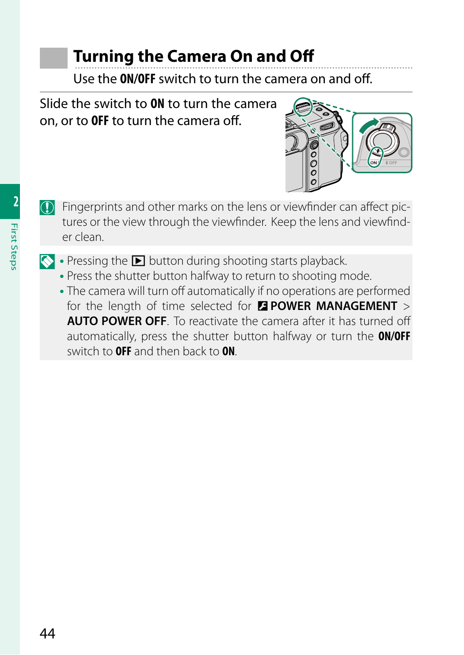 Turning the camera on and off | FujiFilm GFX 50S II Medium Format Mirrorless Camera with 35-70mm Lens Kit User Manual | Page 68 / 360