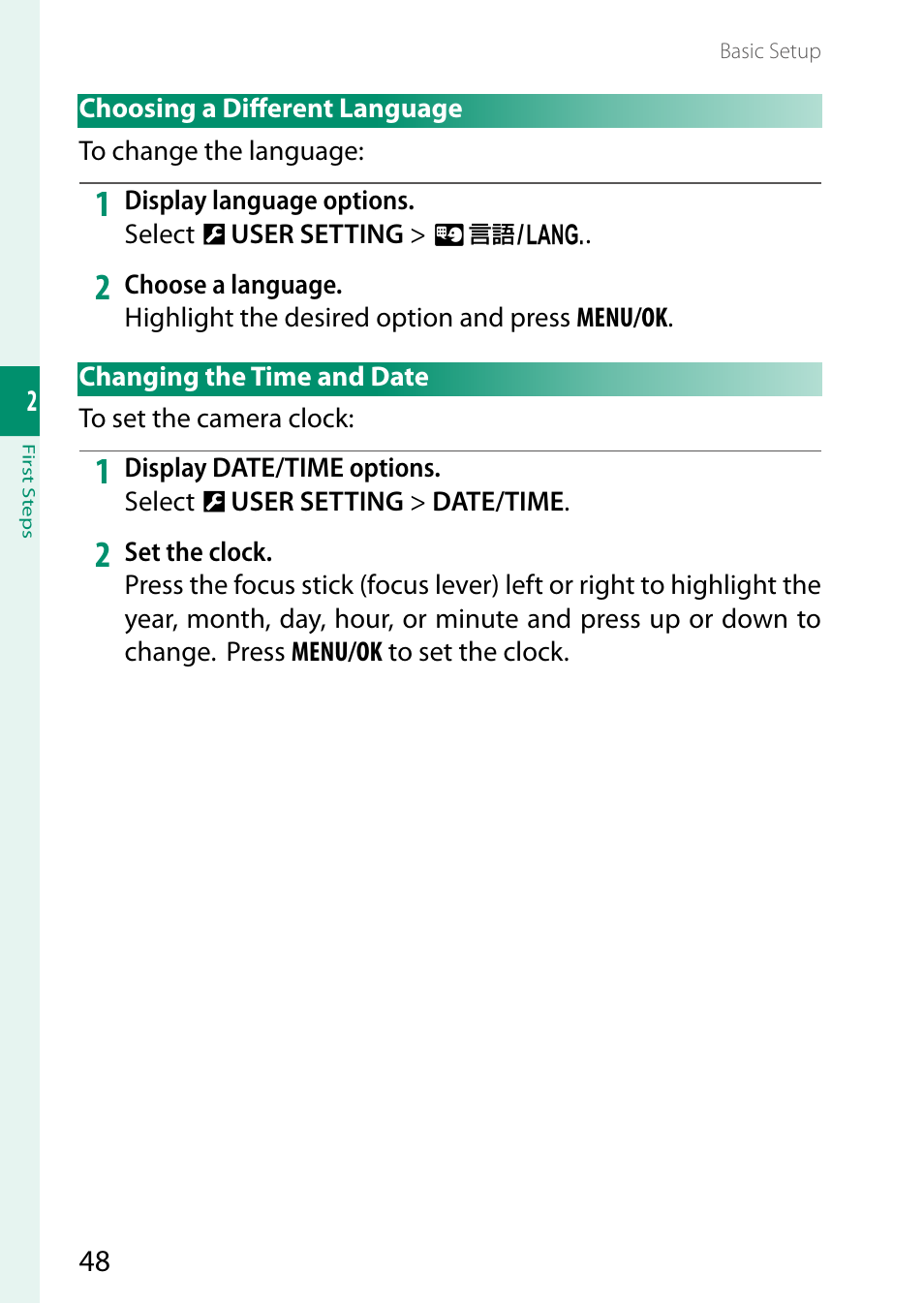 Choosing a different language, Changing the time and date | FujiFilm GFX 50S II Medium Format Mirrorless Camera with 35-70mm Lens Kit User Manual | Page 72 / 360