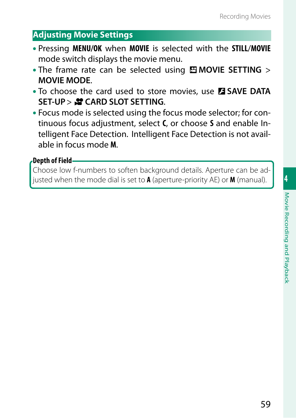 Adjusting movie settings | FujiFilm GFX 50S II Medium Format Mirrorless Camera with 35-70mm Lens Kit User Manual | Page 83 / 360