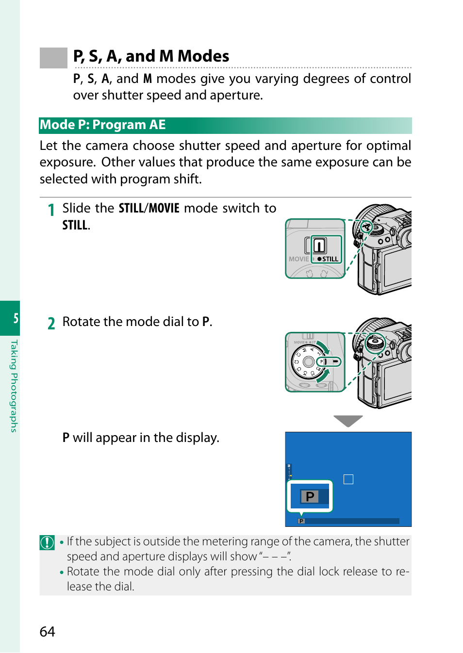 P, s, a, and m modes, Mode p: program ae | FujiFilm GFX 50S II Medium Format Mirrorless Camera with 35-70mm Lens Kit User Manual | Page 88 / 360