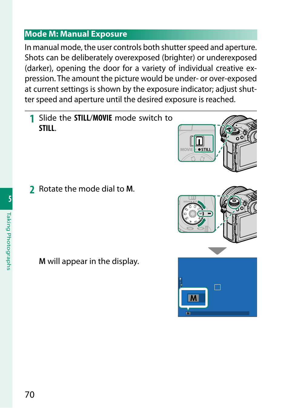 Mode m: manual exposure | FujiFilm GFX 50S II Medium Format Mirrorless Camera with 35-70mm Lens Kit User Manual | Page 94 / 360