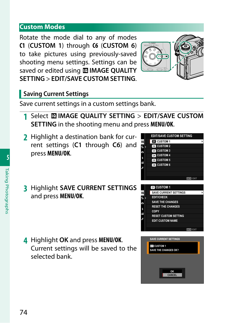 Custom modes, Highlight save current settings and press menu/ok | FujiFilm GFX 50S II Medium Format Mirrorless Camera with 35-70mm Lens Kit User Manual | Page 98 / 360