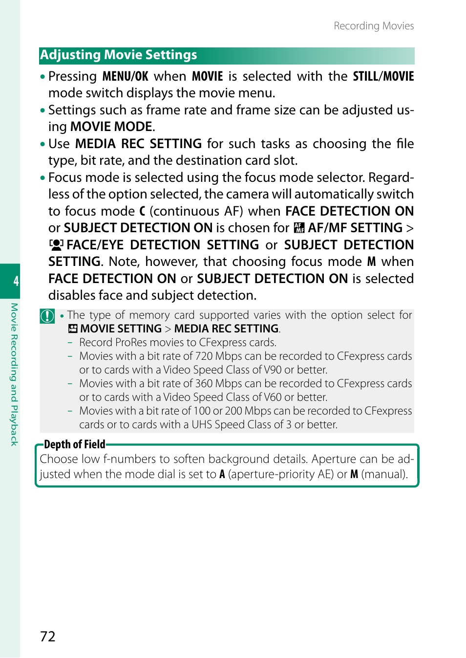 Adjusting movie settings | FujiFilm GFX100 II Medium Format Mirrorless Camera User Manual | Page 100 / 500