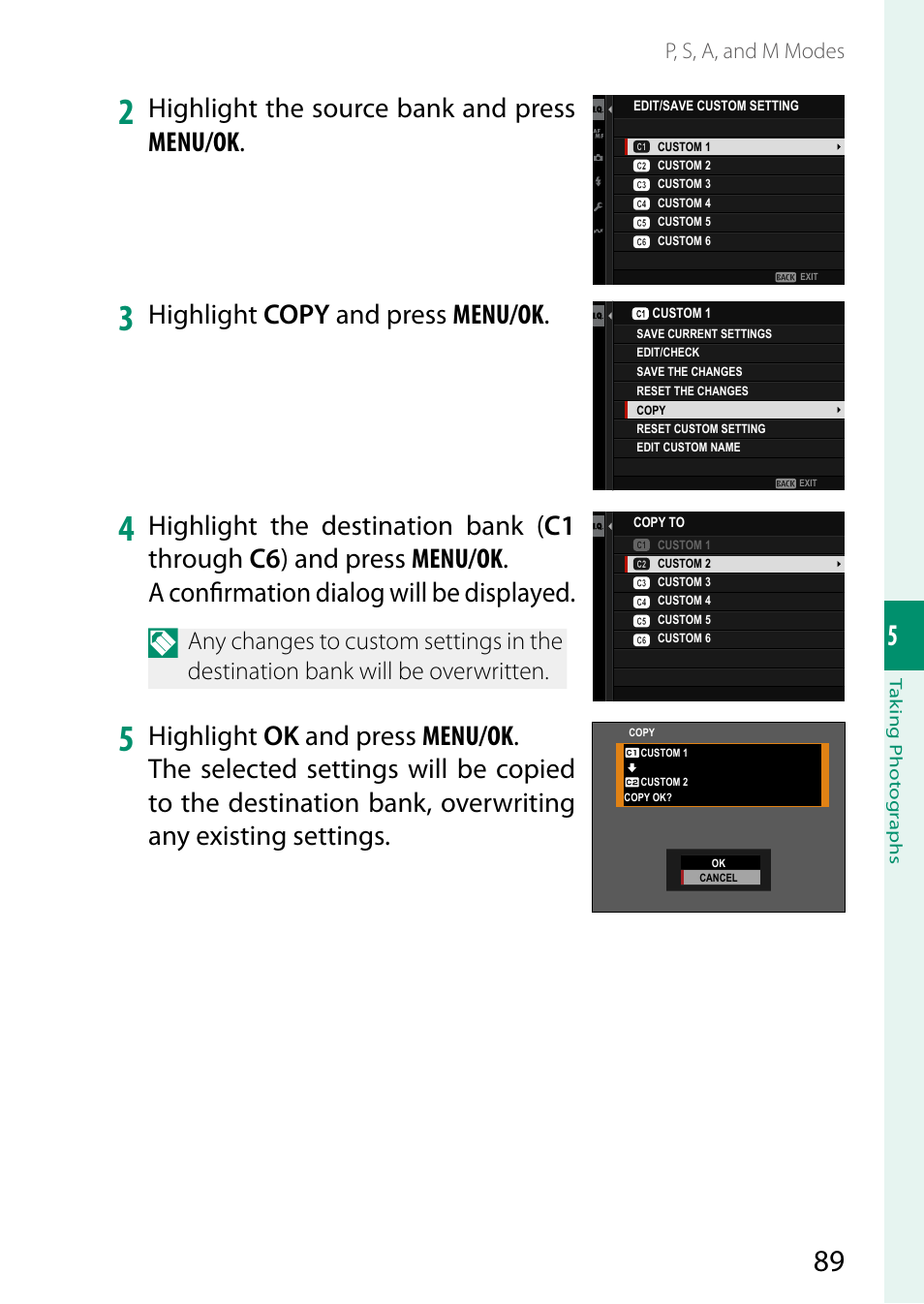 Highlight the source bank and press menu/ok, Highlight copy and press menu/ok | FujiFilm GFX100 II Medium Format Mirrorless Camera User Manual | Page 117 / 500